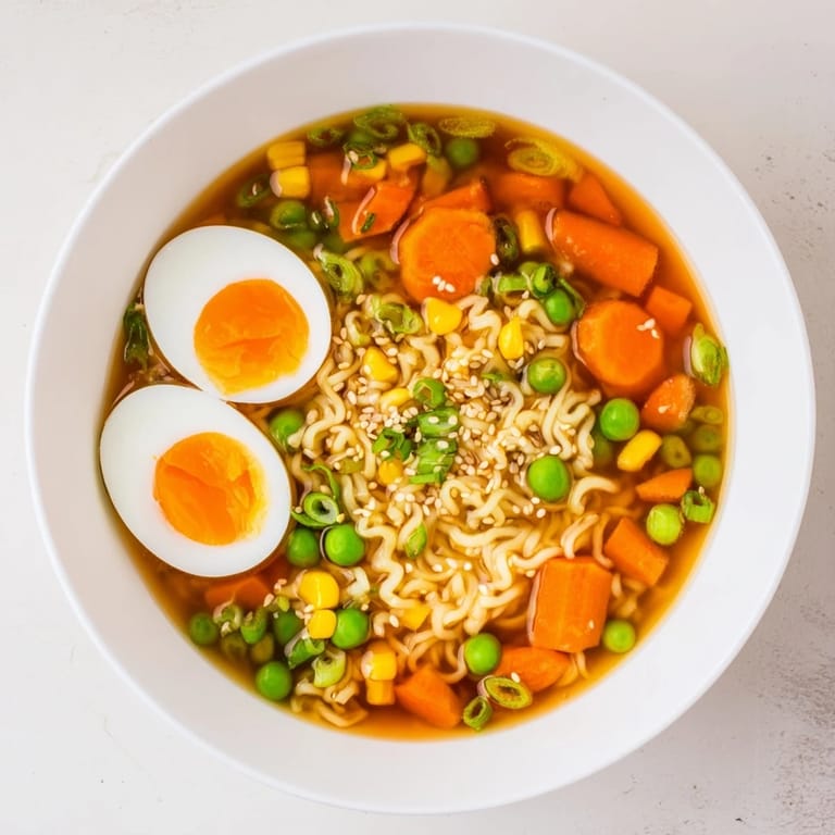 Talerz pysznego, parującego ulepszonego ramen z mrożonym groszkiem, gotowego do jedzenia.