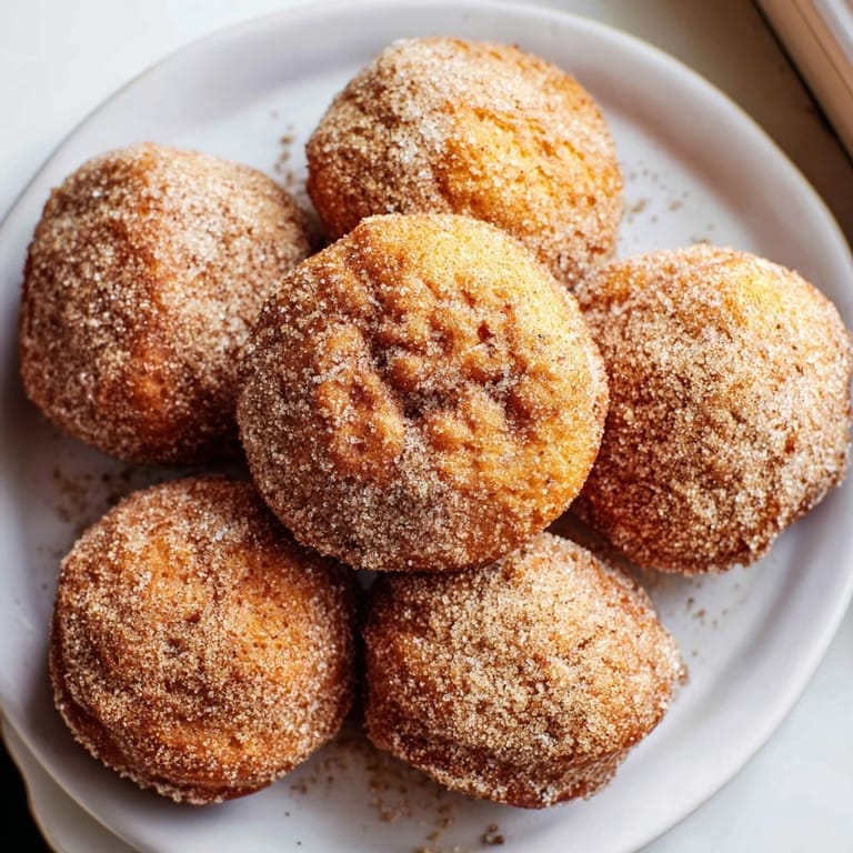 Freshly baked cinnamon-sugar donuts, coated in sparkling sugar, are ready to eat.