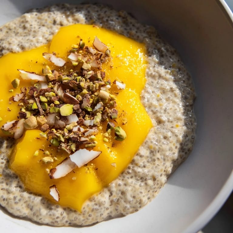 Vibrant photo of mango coconut chia pudding, showcasing the tropical flavors with coconut flakes.