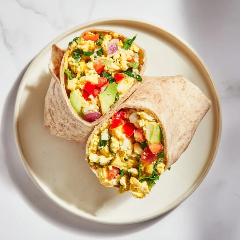 Freshly assembled Veggie-Loaded Breakfast Burrito, a perfect hand-held breakfast wrap, ready to enjoy.