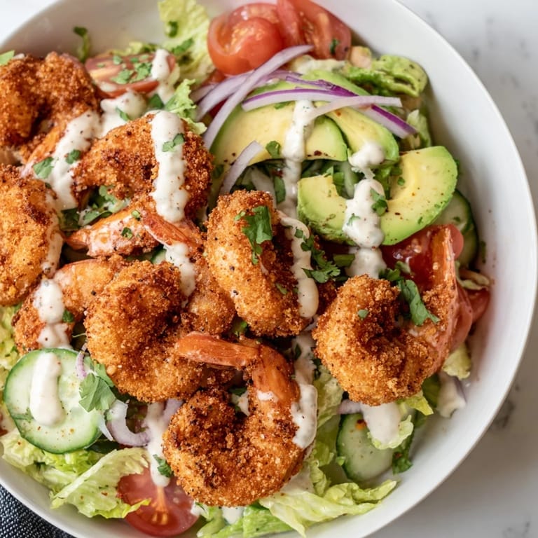 Soczyste, smażone w panko krewetki w chrupiącej sałatce, skropione pikantnym dressingiem sriracha-limonka.