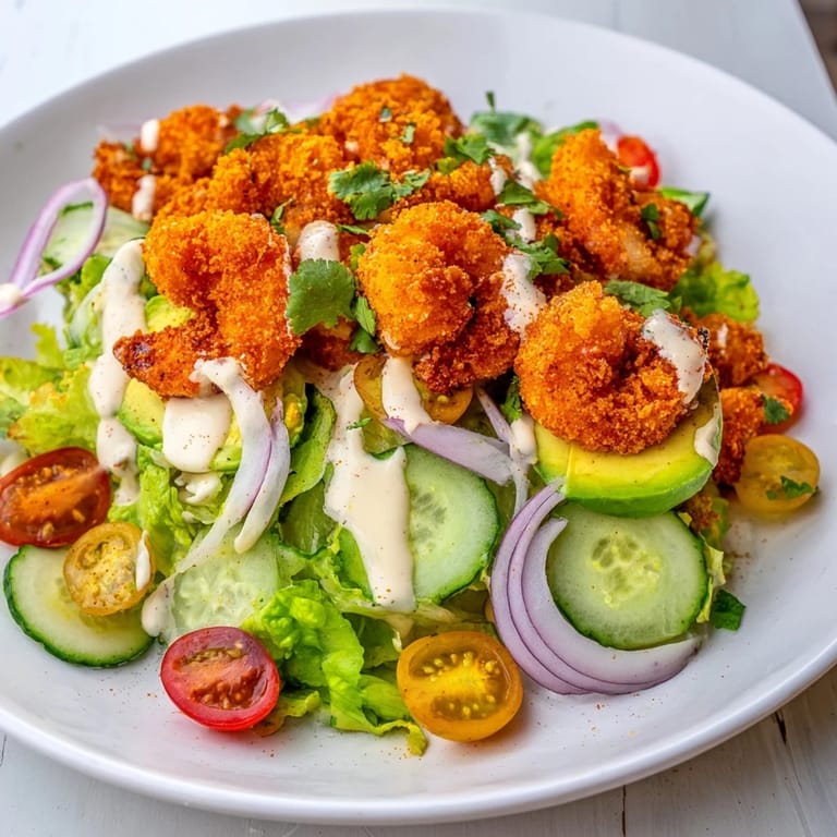 Apetyczna sałata z krewetkami, gdzie złote krewetki kontrastują z warzywami i sriracha-limonką.