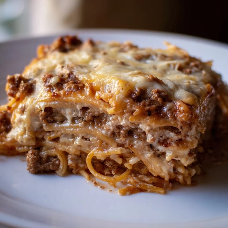 Golden-browned top of Million Dollar Spaghetti with melted cheese, ready to serve and enjoy.
