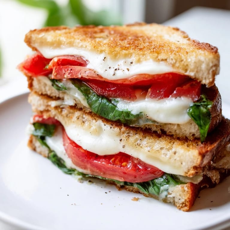 Widok topiącego się sera w kanapce z pomidorami i bazylią na grillowanym chlebie, gotowej do podania.