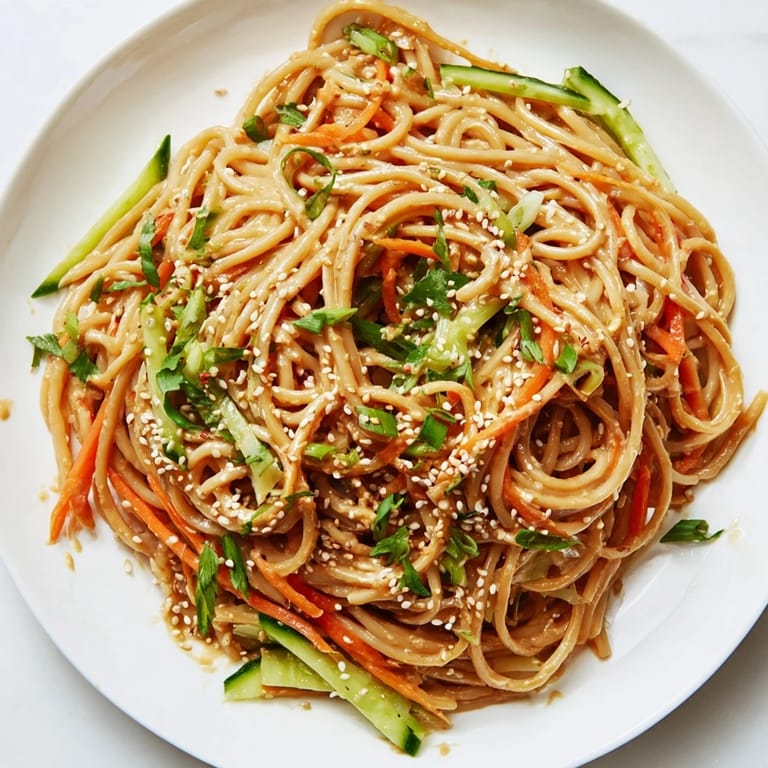 A bowl of delicious cold sesame noodles, featuring a rich, flavorful sesame sauce.