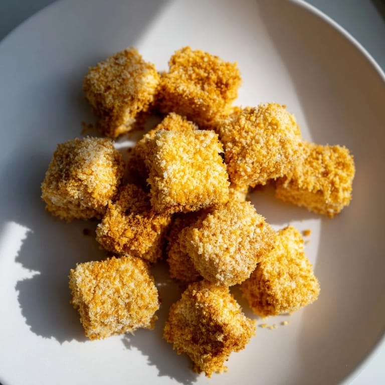 Close-up of freshly fried crispy tofu nuggets showing the golden, inviting texture and seasonings.