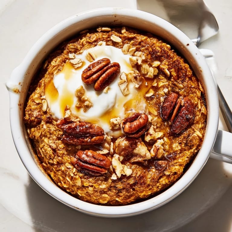 Golden-brown pumpkin spice baked oats fresh from oven, capturing aromatic cinnamon and nutmeg aromas for fall.