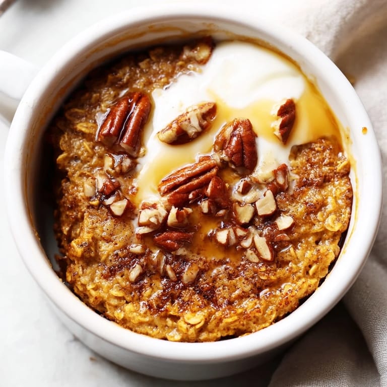 Hearty pumpkin spice baked oats with pecans and a drizzle; comforting breakfast ready to enjoy this season.