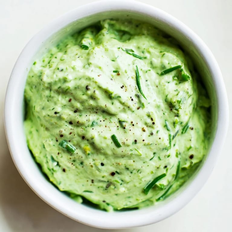 Close-up of a smooth and zesty Green Goddess Dip, perfect spread on a turkey sandwich, ready to enjoy.
