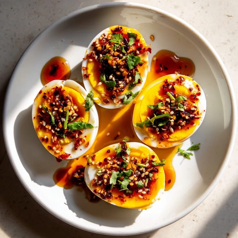 Smażone jajka w pikantnym oleju chili, z zieloną cebulką, gotowe do podania jako szybki posiłek.