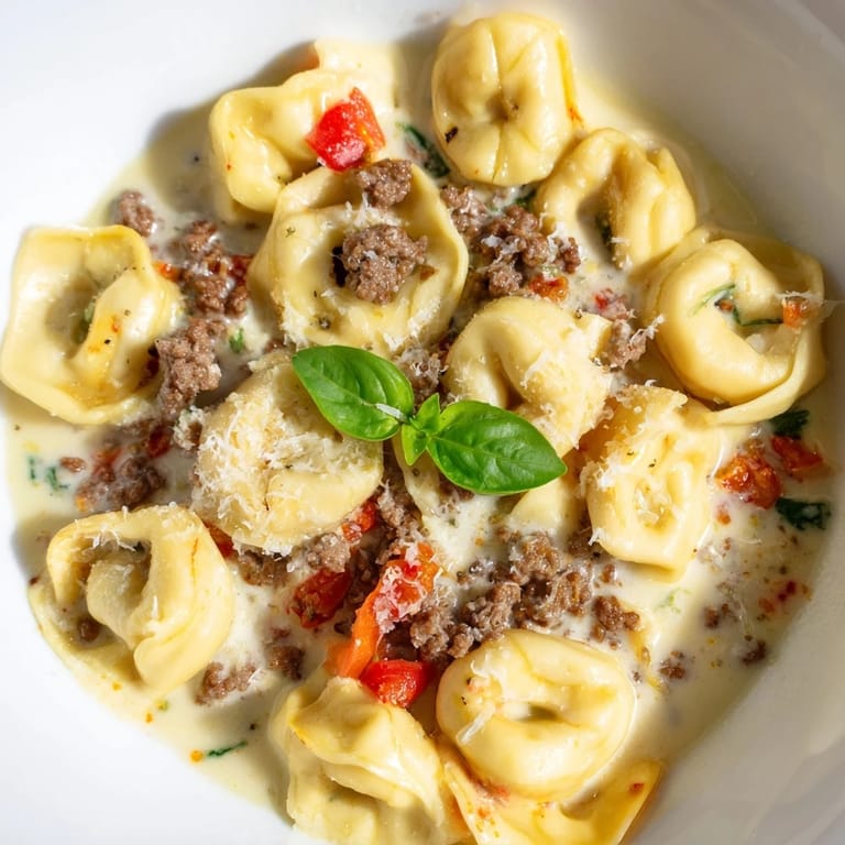 Steaming bowl of delicious Tortellini Beef Soup, perfect for a cozy, Italian-American dinner.