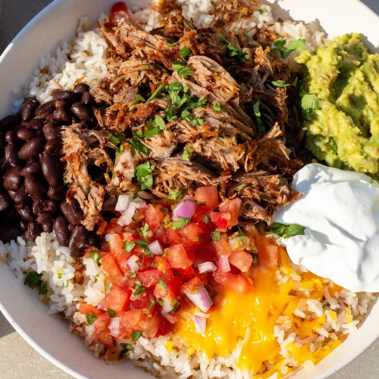 Apetyczna burrito bowl Chipotle, z mięsnymi carnitas, serem queso i świeżymi składnikami, aż ślinka cieknie.