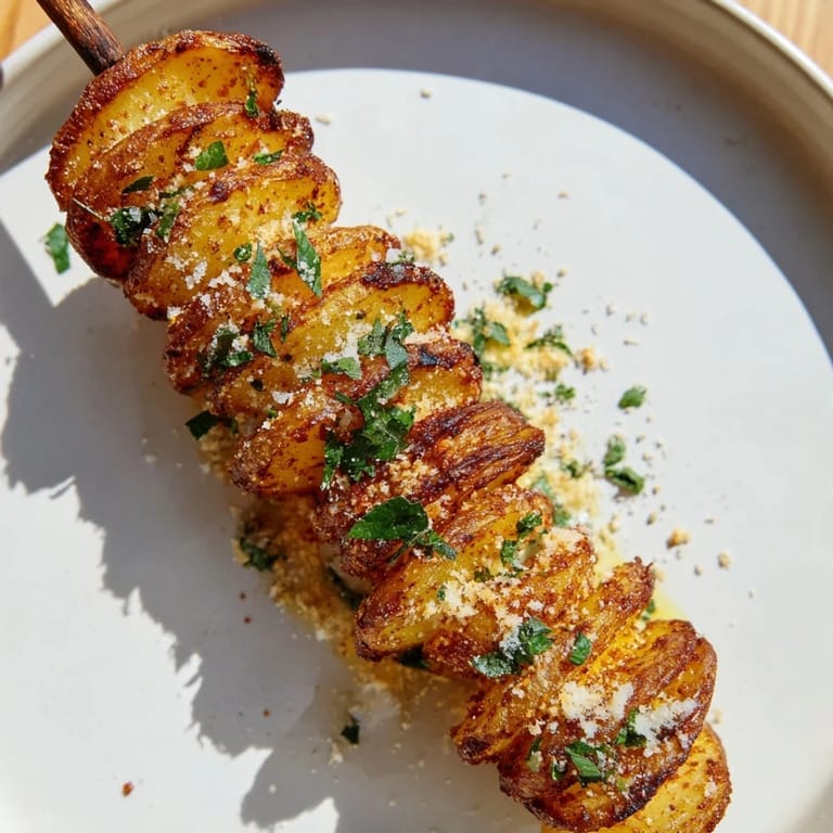 Close-up of freshly baked Tornado Potatoes; a vegetarian side with flavorful spices.