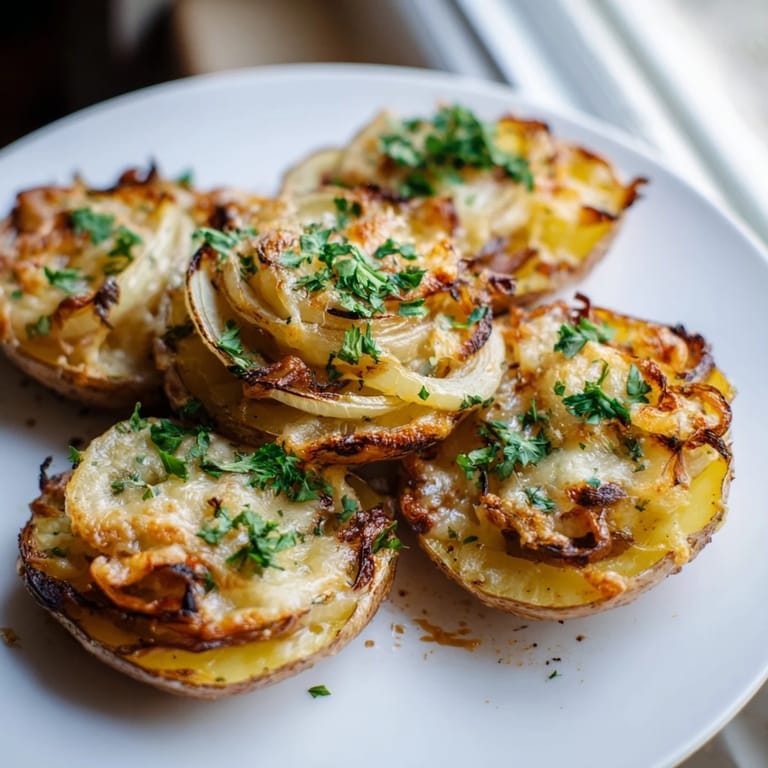 Close-up of crispy French Onion Soup Potatoes topped with melted Gruyère and caramelized onions.