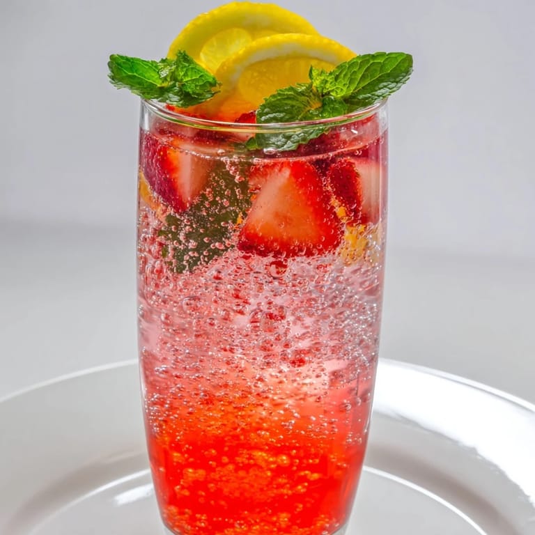 A refreshing glass of DIY fruit refresher, featuring vibrant strawberry puree and mint garnish.