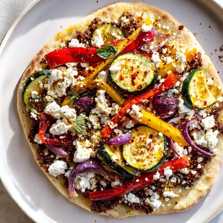 Freshly baked naan bread pizza topped with olives, feta, and fragrant roasted vegetables.