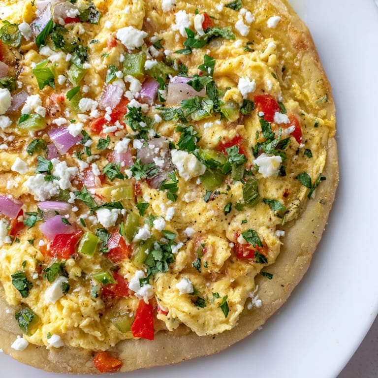A close-up of a flavorful Turkish menemen eggs pizza, ideal for a satisfying brunch meal in the U.S.