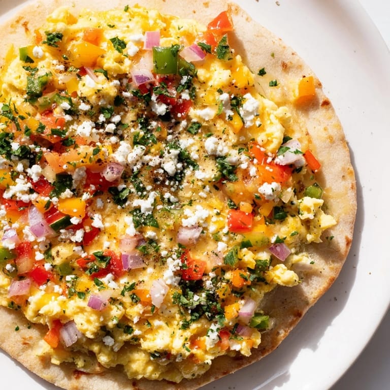 Golden-crusted Turkish menemen eggs pizza with vibrant red peppers and tomatoes, warm from the oven.