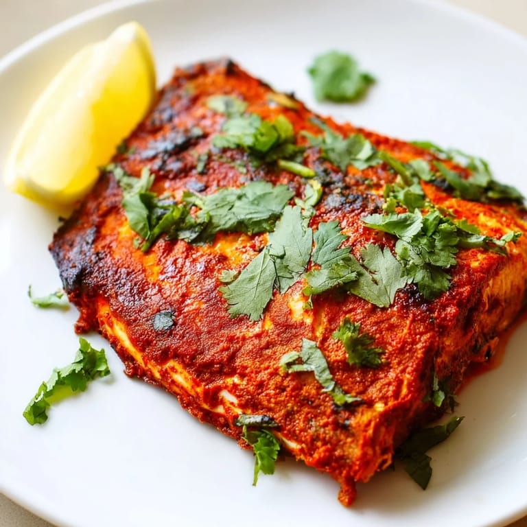 Close-up of perfectly roasted Indian Tikka Salmon, garnished with coriander for a fresh flavor.