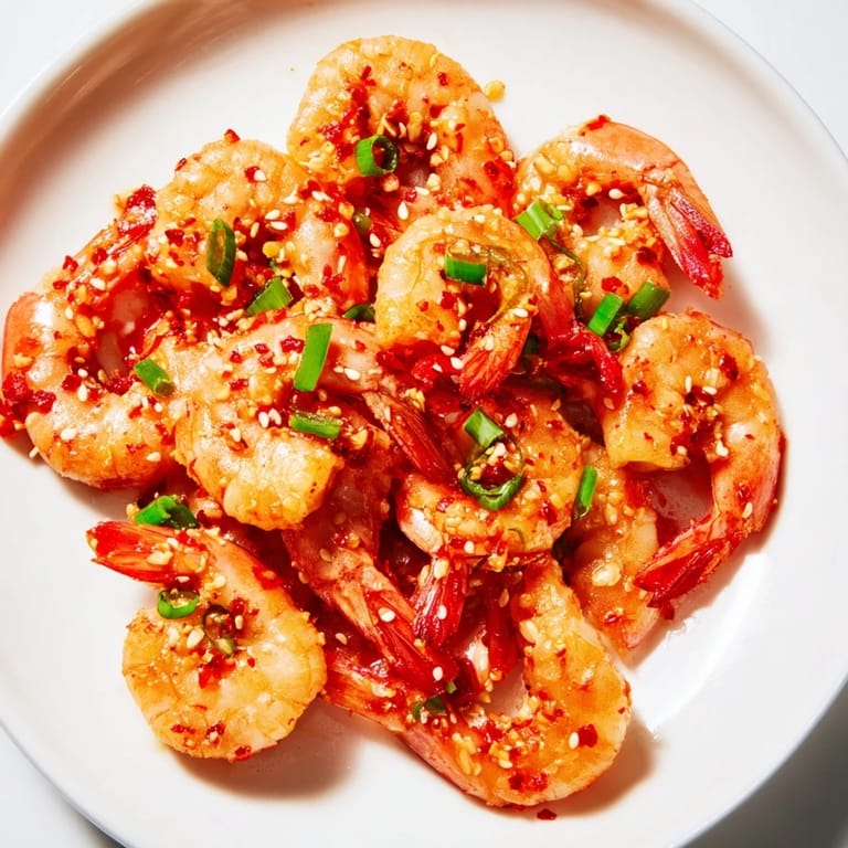 Close-up of vibrant Korean Garlic Butter Shrimp, garnished with scallions and sesame seeds, ready to eat.