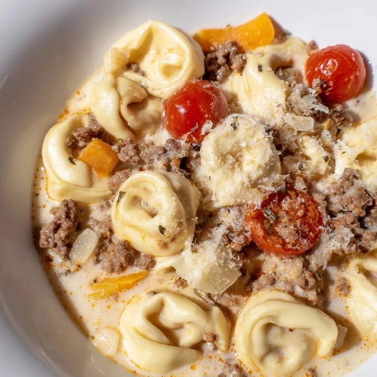 Creamy and rich Tortellini Beef Soup, featuring tender tortellini, ready to be enjoyed.