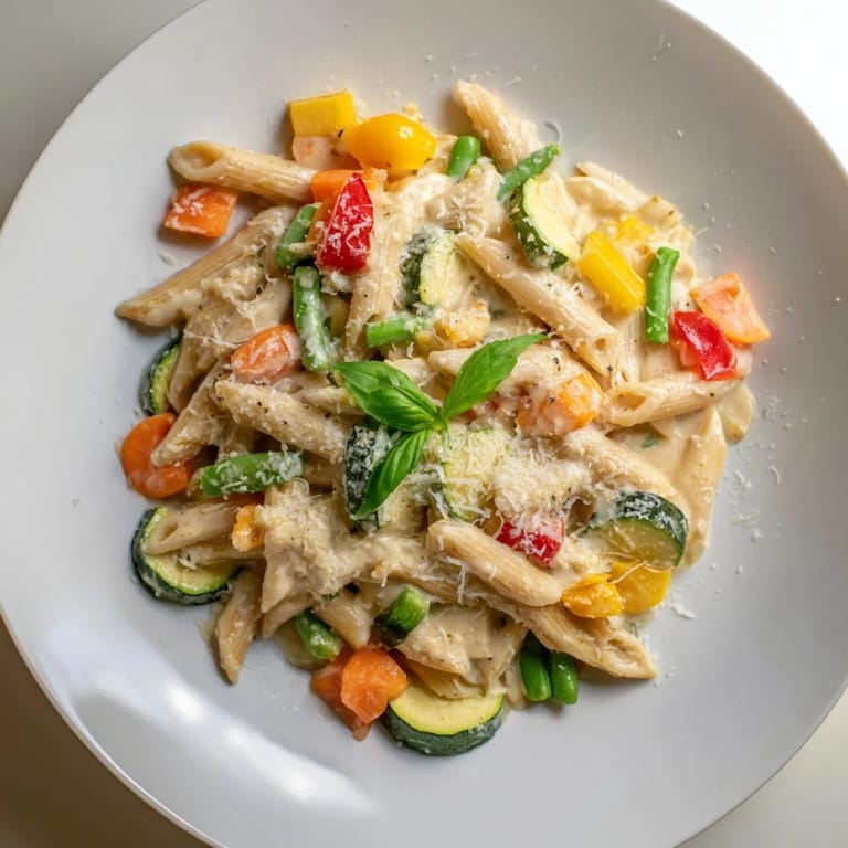 This image shows a steaming bowl of One-Pot Creamy Pasta Primavera garnished with fresh basil.