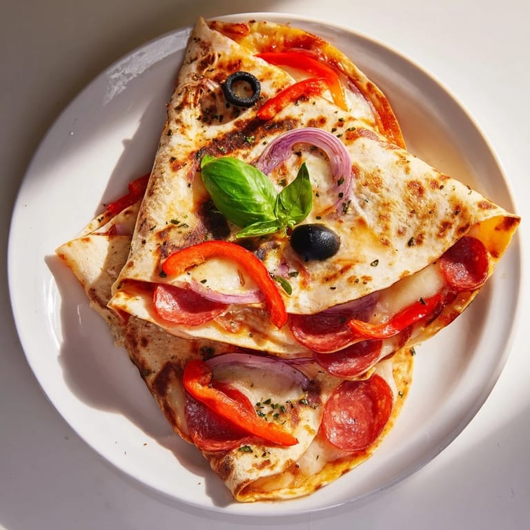 Golden-brown, folded Tortilla Pizza Wrap: a quick and easy, crispy snack perfect for lunch.