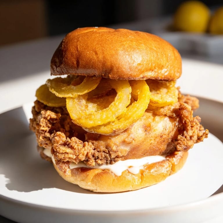 Wyśmienita kanapka z kurczakiem i cebulą, z soczystym kurczakiem i chrupiącą cebulką wewnątrz.