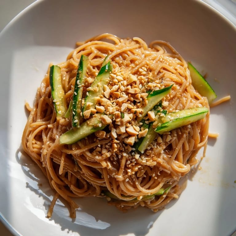 Enjoy a bowl of Spicy Sesame Noodle Salad; imagine the textures and taste of this Asian-inspired dish.