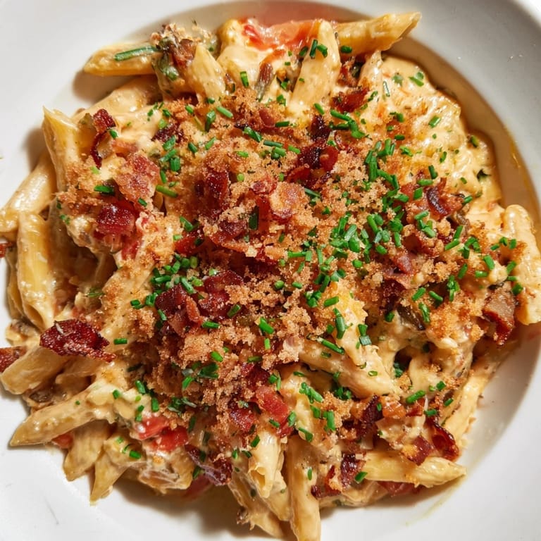 Kremowy Jalapeño Popper Pasta z roztopionym serem i chrupiącym boczkiem wspaniale prezentuje się na talerzu.