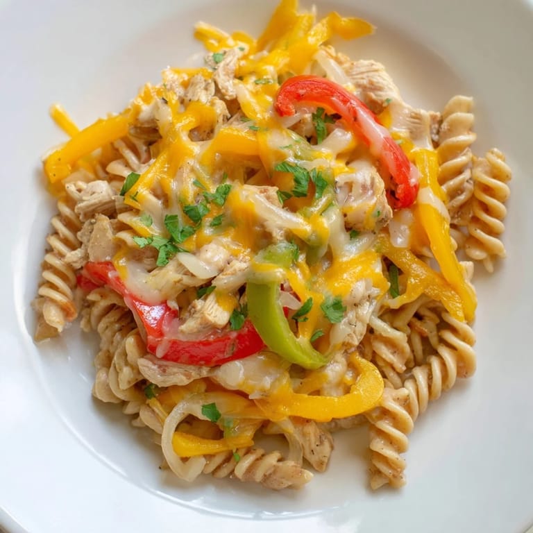 Flavorful chicken fajita pasta skillet, served with fresh cilantro and a lime wedge.