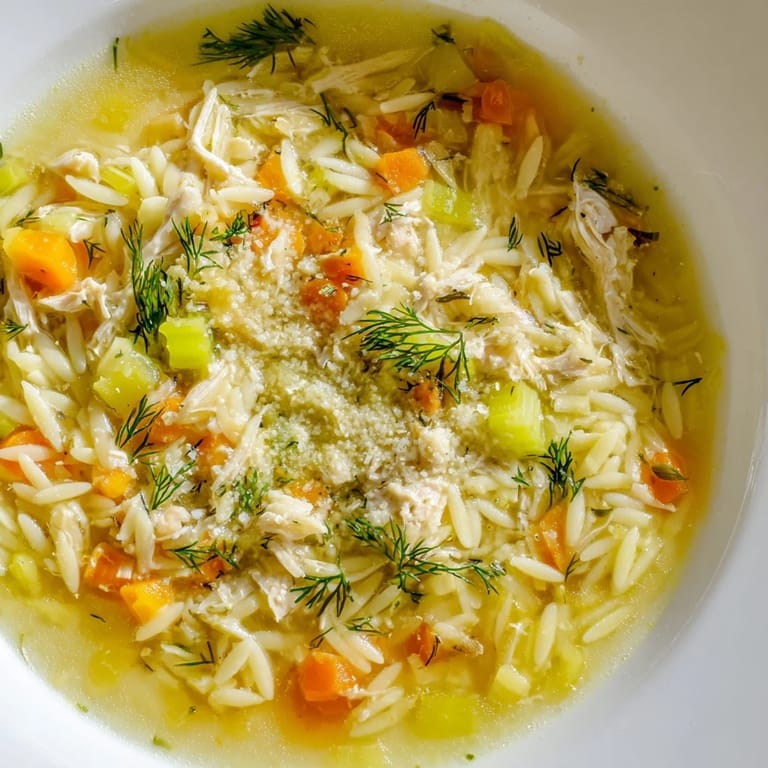 Fragrant Chicken Lemon Orzo Soup simmering with vegetables in a pot, a Mediterranean comfort food meal.