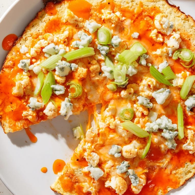A close-up of a crispy buffalo cauliflower pizza, ready to serve with melted mozzarella and fresh herbs.