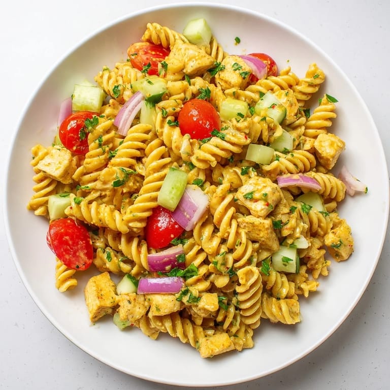 Honey mustard chicken pasta salad with colorful veggies, ready to enjoy at a picnic.