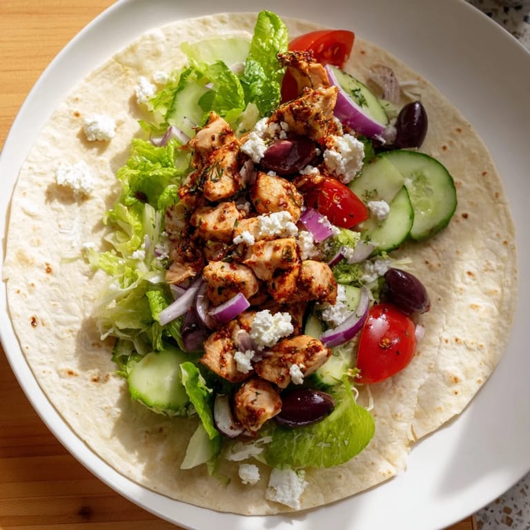 This easy Greek Lemon Chicken Salad Wrap features flavorful chicken and a fresh, crunchy Greek salad.
