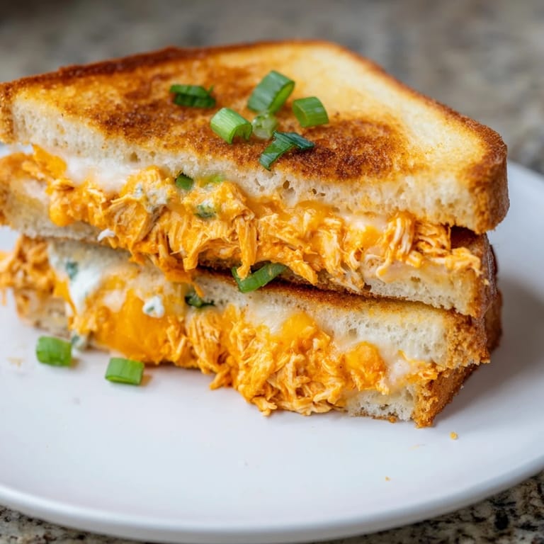 Mouthwatering Buffalo Chicken Ranch Grilled Cheese, ready to eat, served with a crispy, golden crust.