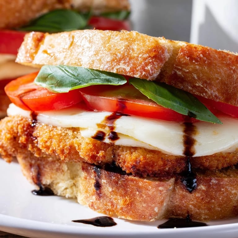 Zachwycający widok na Crispy Chicken Caprese Sandwich, idealny z soczystymi pomidorami i balsamic glaze.