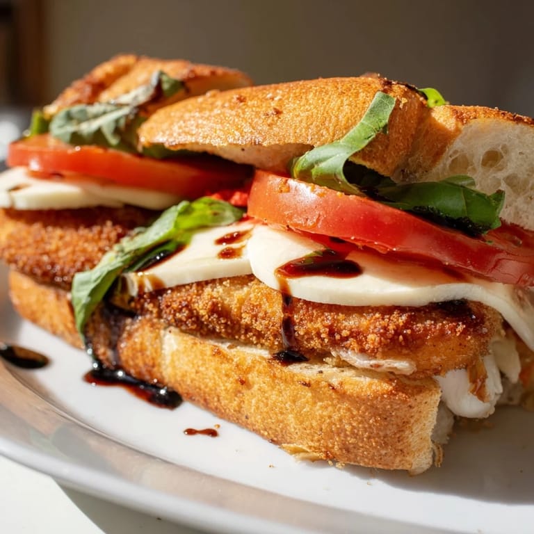 Przełomowe smaki: pyszny Crispy Chicken Caprese Sandwich na tostowanej ciabatcie, idealny na lunch.
