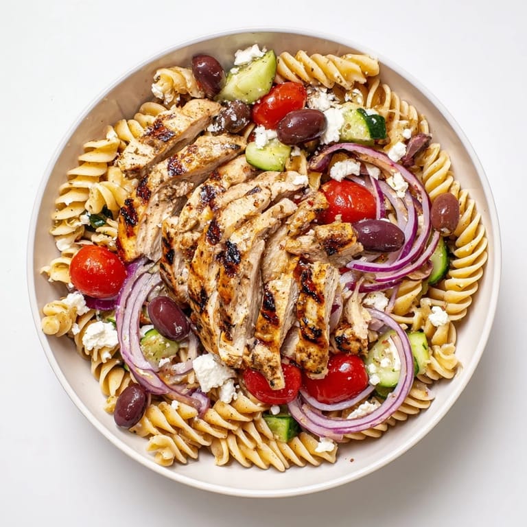 Close-up of a colorful Greek Chicken Pasta Bowl, highlighting fresh vegetables and tender chicken.