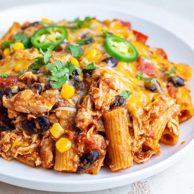 A warm baking dish filled with bubbling Chicken Burrito Pasta Bake, topped with melted cheese and fresh herbs.