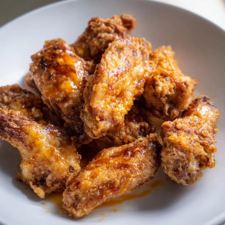 Fried Chicken Wings tossed in Thai sweet chili sauce, garnished with scallions and lime on a dark serving platter.