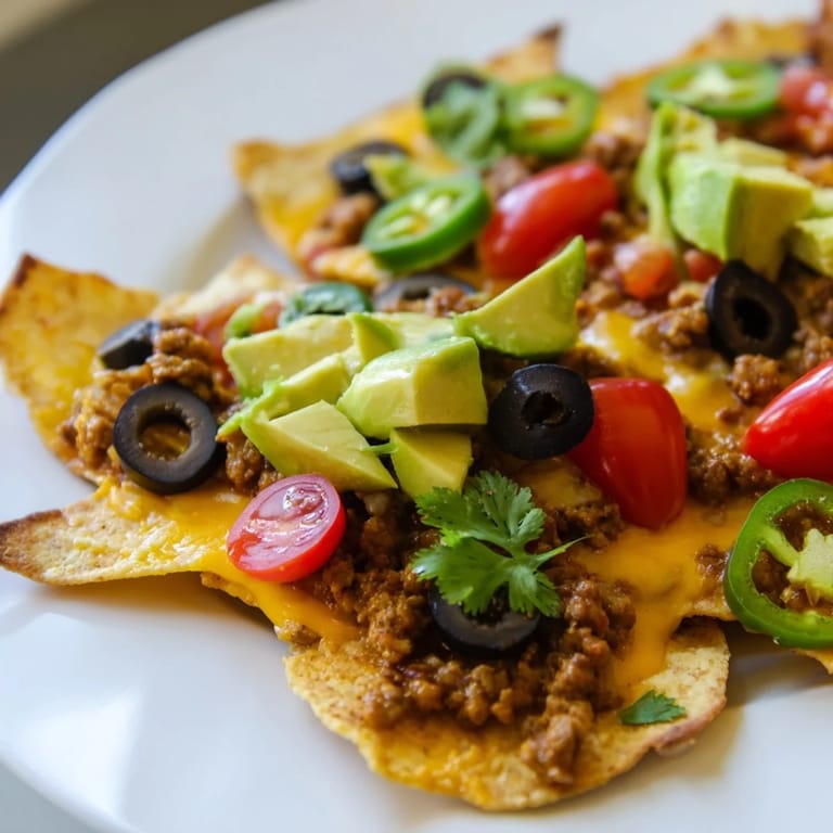 Hot Baked Nachos piled high with black beans, avocado, and sour cream ready for sharing.