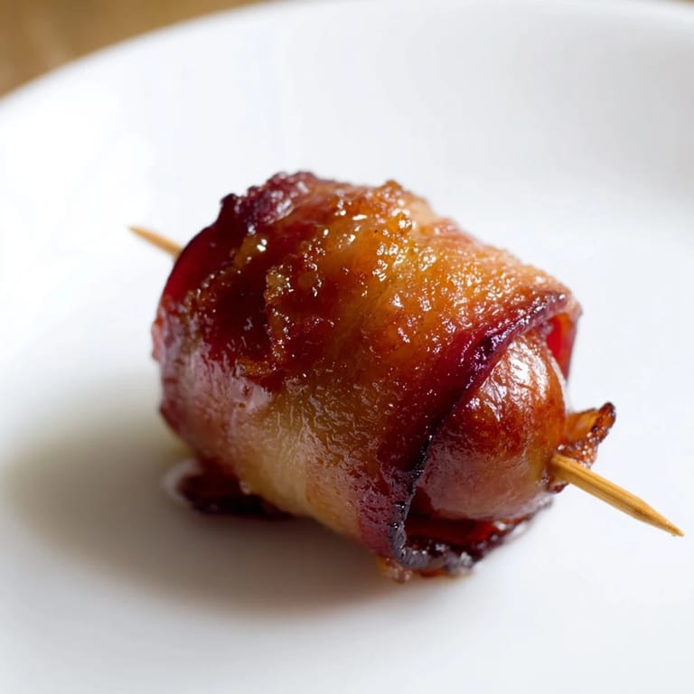 Crispy, smoky bacon encasing mini cocktail sausages, drizzled with sweet maple glaze on a rustic board.