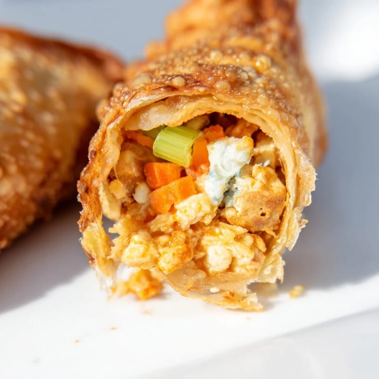Golden Buffalo Chicken Egg rolls plated with blue cheese dip and celery sticks, a perfect game day appetizer.