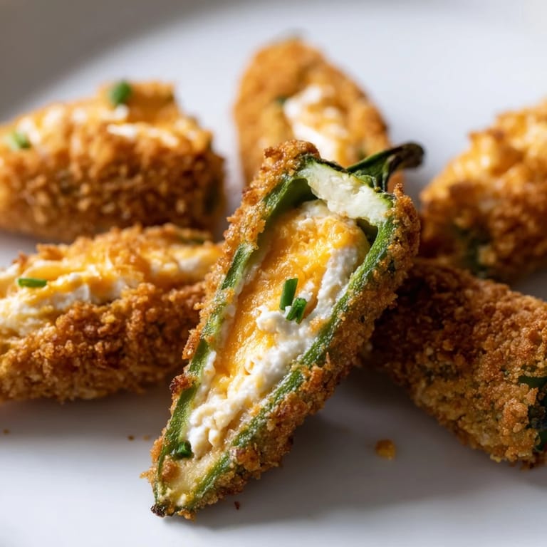 Pyszne, puszyste nadzienie serowe wypełnia ostro pieczone połówki papryki jalapeño.