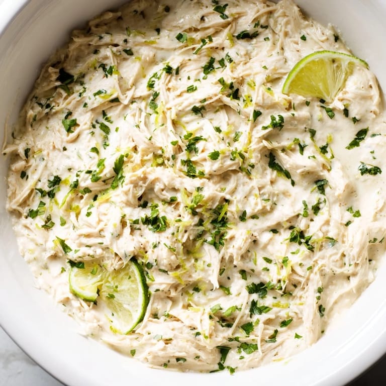Warm Cilantro and Lime Chicken With Scoops dip served with tortilla scoops, lime wedges, and herbs.
