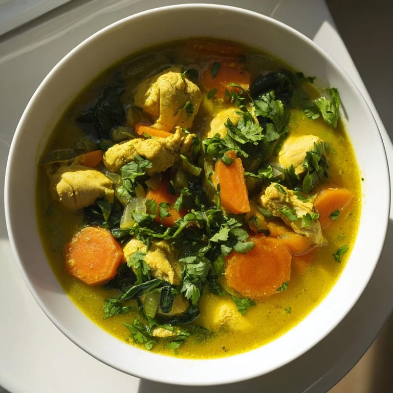 Złocista zupa z kurczaka z kurkumą z chrupiącym pieczywem obok, gotowa do podania na rodzinny obiad.