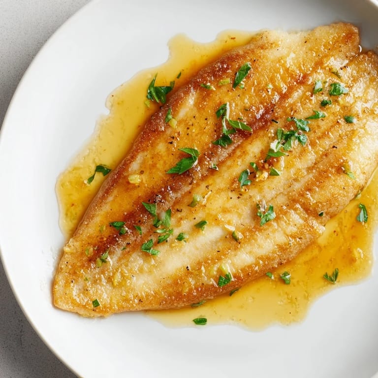A close-up of crispy dredged Flounder Meunière resting on a white plate.