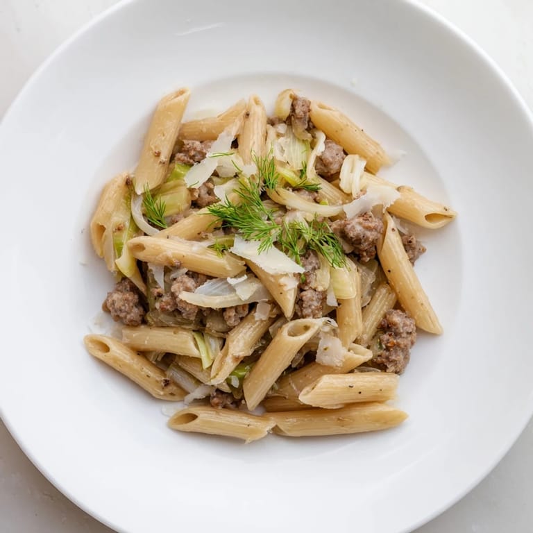 Zimowy makaron z kiełbasą i koprem włoskim w misce, idealna propozycja na szybki i rozgrzewający obiad.