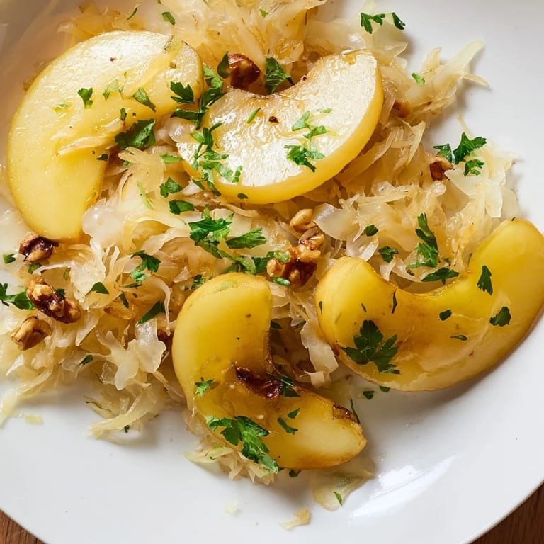 Close-up of caramelized apples and vibrant sauerkraut in a skillet, seasoned with caraway seeds for a savory-sweet German-inspired salad recipe.